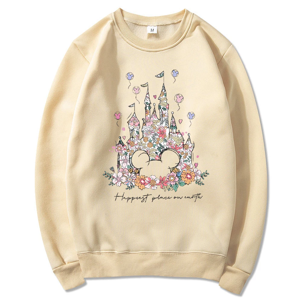 Aesthetic Floral Castle Sweatshirt Vintage Castle Hoodie Happiest Place on Earth Pullover Trendy Women Long Sleeves Sweatshirts