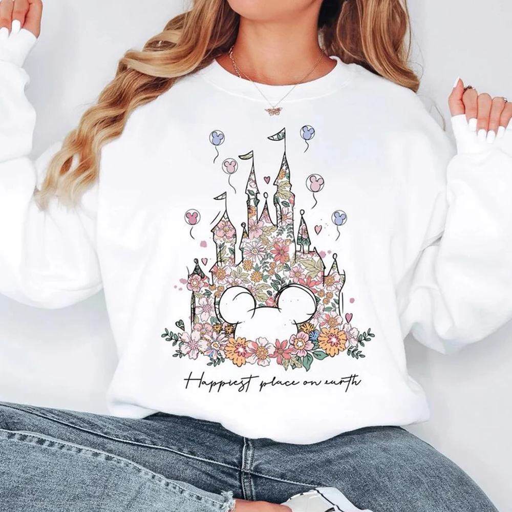 Aesthetic Floral Castle Sweatshirt Vintage Castle Hoodie Happiest Place on Earth Pullover Trendy Women Long Sleeves Sweatshirts