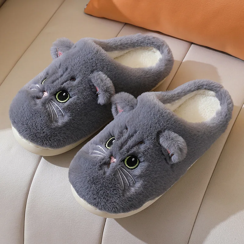 Winter Home Slippers Women Shoes Cute Cartoon Cat Slippers Men Warm Plush Slides Indoor Bedroom Non-Slip Floor Slipper