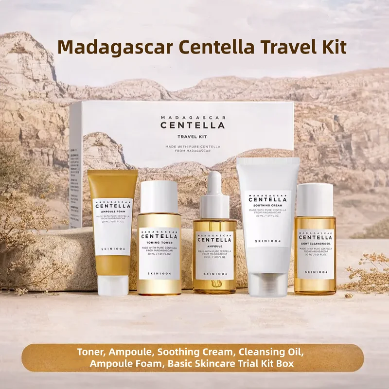 Korean Centella Travel Kit, Toner,Ampoule,Soothing Cream,Cleansing Oil,Ampoule Foam,Basic Daily Skincare Mini 5pcs Gift Sets
