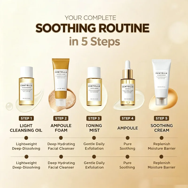 Korean Centella Travel Kit, Toner,Ampoule,Soothing Cream,Cleansing Oil,Ampoule Foam,Basic Daily Skincare Mini 5pcs Gift Sets
