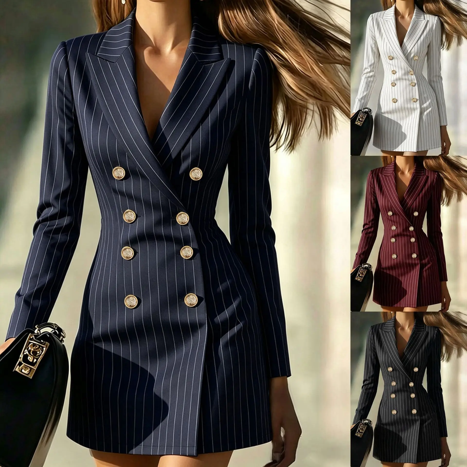 2026 Women Striped Blazer Dress Lapel Double Breasted Long Sleeve Bodycon Mini Dress Elegant Office Work Party Slim Suit Dresses