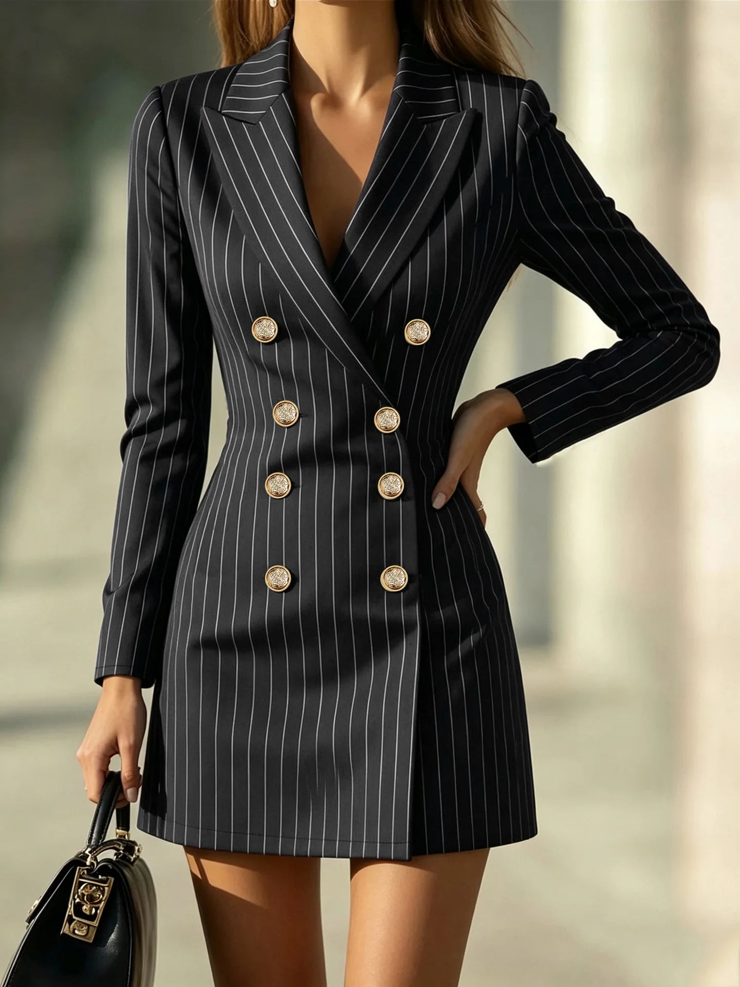 2026 Women Striped Blazer Dress Lapel Double Breasted Long Sleeve Bodycon Mini Dress Elegant Office Work Party Slim Suit Dresses