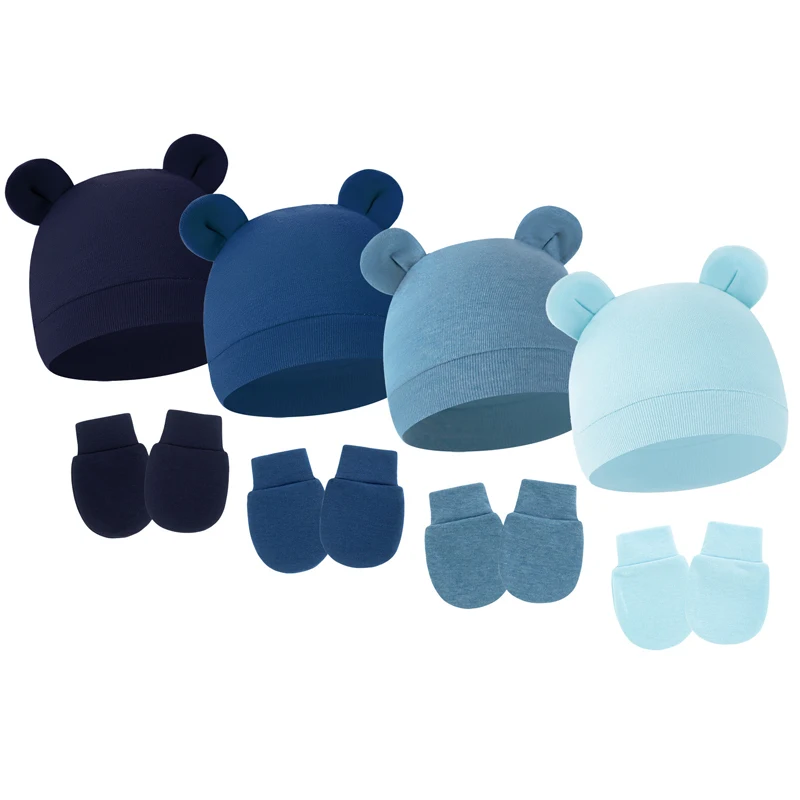 4 Sets Baby Hat Gloves Suit Cotton Bear Ears Newborn Beanie Hats Set Infant Bonnet Toddler Cap for Girls Boys Newborn Gift 0-6M