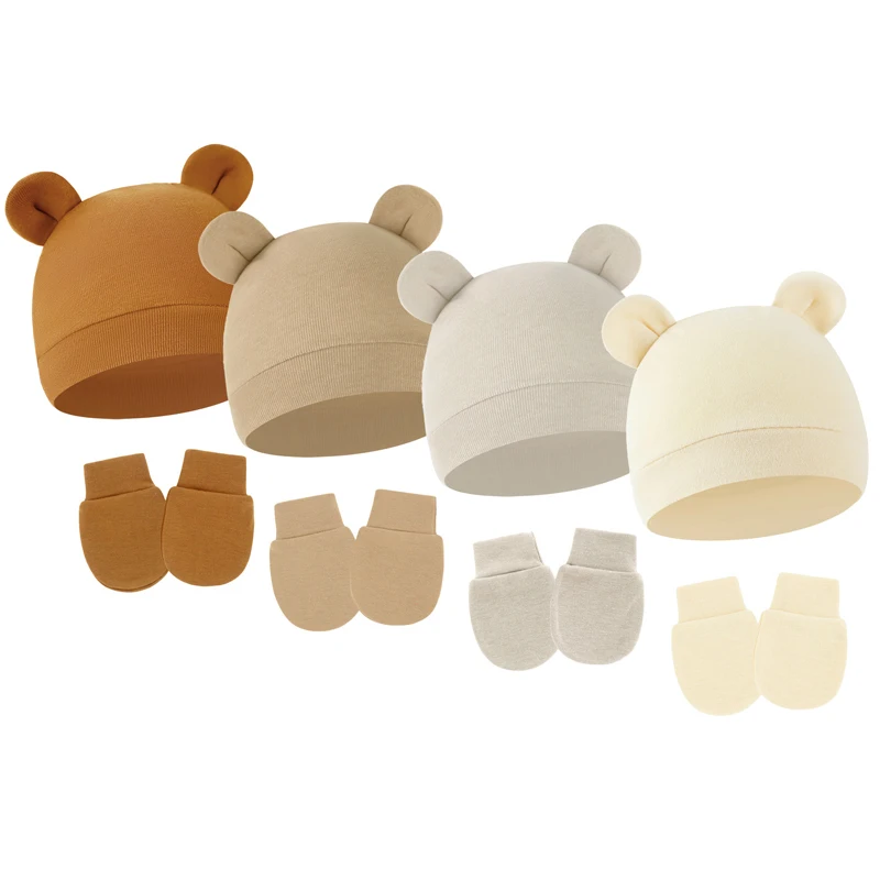 4 Sets Baby Hat Gloves Suit Cotton Bear Ears Newborn Beanie Hats Set Infant Bonnet Toddler Cap for Girls Boys Newborn Gift 0-6M
