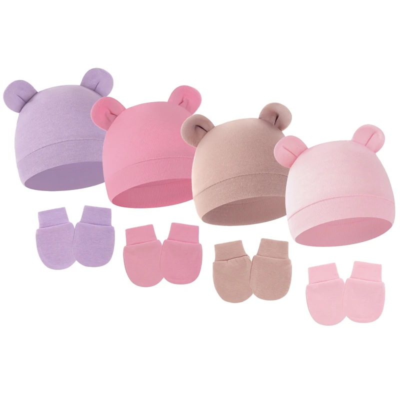 4 Sets Baby Hat Gloves Suit Cotton Bear Ears Newborn Beanie Hats Set Infant Bonnet Toddler Cap for Girls Boys Newborn Gift 0-6M
