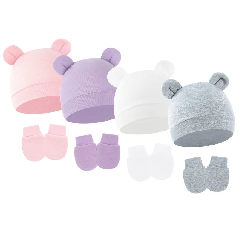 4 Sets Baby Hat Gloves Suit Cotton Bear Ears Newborn Beanie Hats Set Infant Bonnet Toddler Cap for Girls Boys Newborn Gift 0-6M
