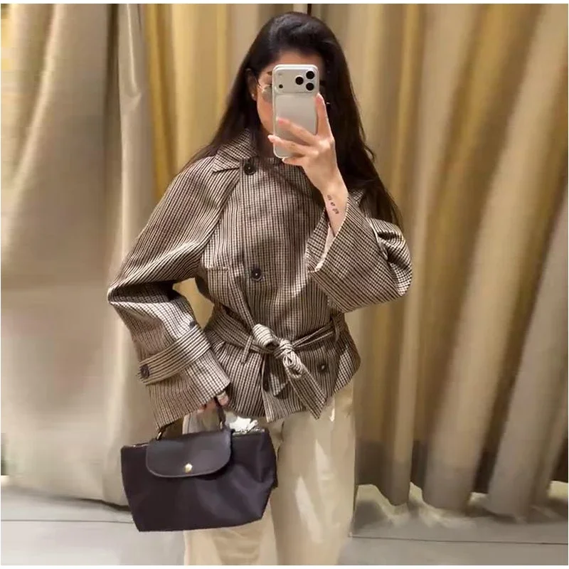 Chic Grid Belt Women's Coat Double Breasted Lapel Lace-Up Long Sleeve Lady Coats 2026 Autumn Fashion Female Vintage Jacket Lady