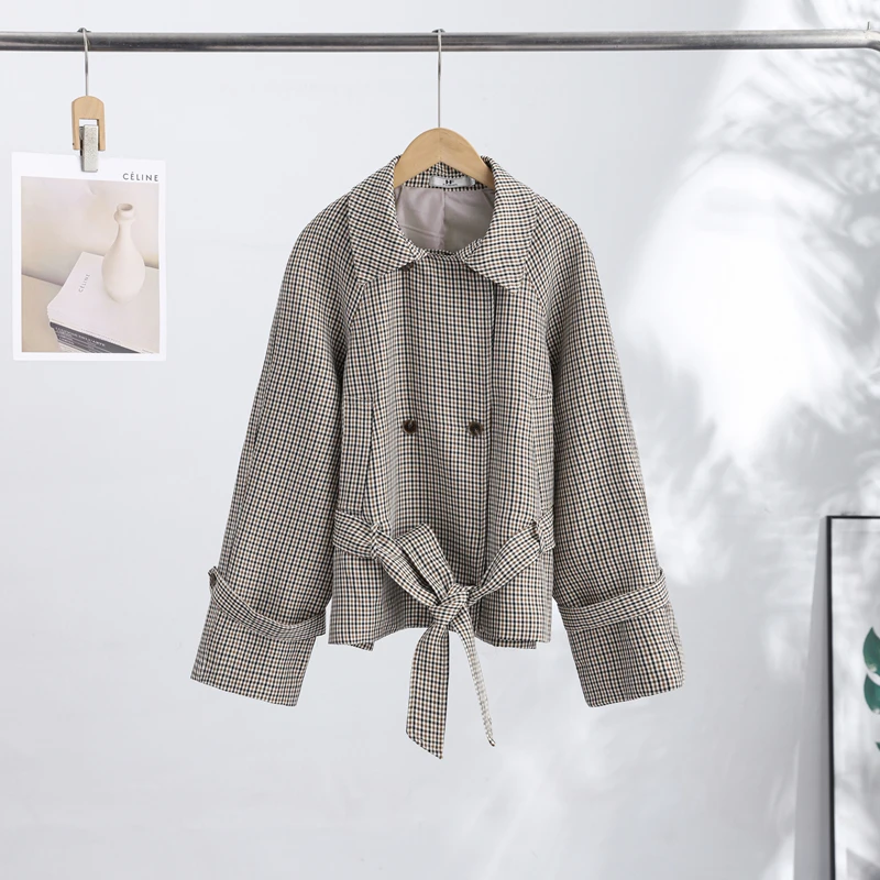 Chic Grid Belt Women's Coat Double Breasted Lapel Lace-Up Long Sleeve Lady Coats 2026 Autumn Fashion Female Vintage Jacket Lady
