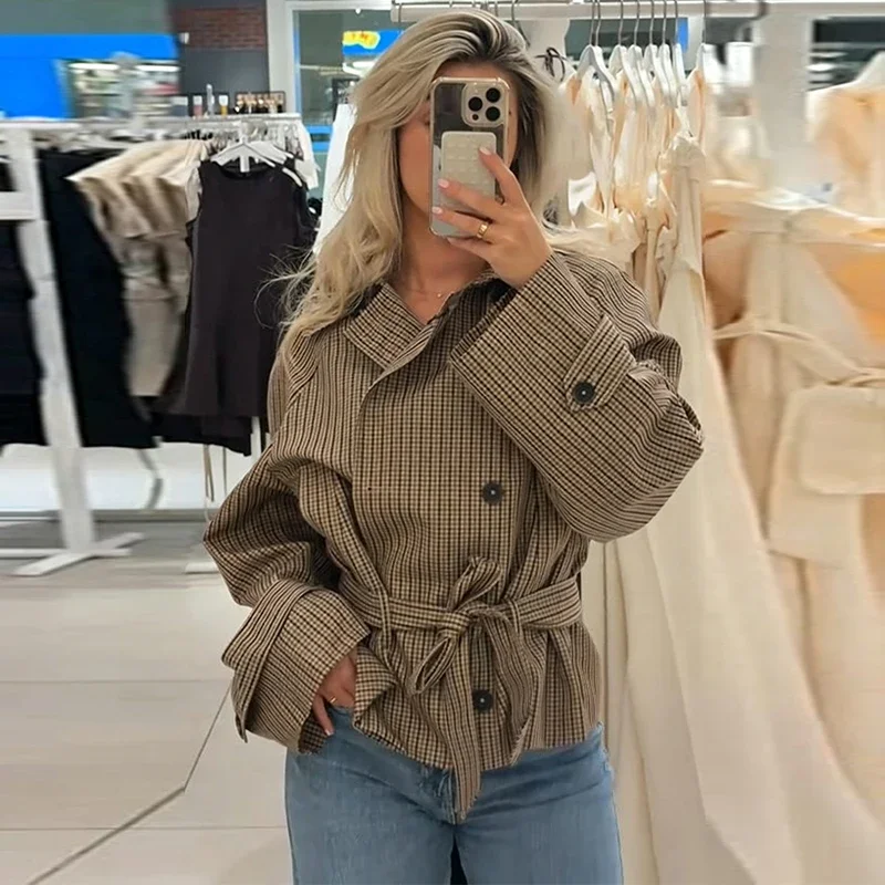 Chic Grid Belt Women's Coat Double Breasted Lapel Lace-Up Long Sleeve Lady Coats 2026 Autumn Fashion Female Vintage Jacket Lady