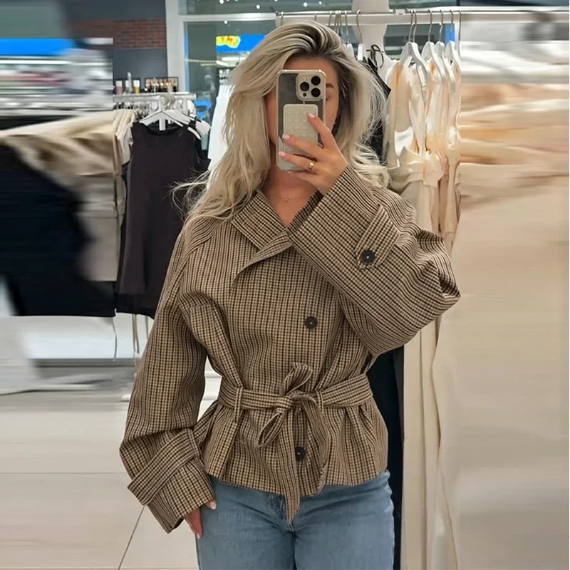 Chic Grid Belt Women's Coat Double Breasted Lapel Lace-Up Long Sleeve Lady Coats 2026 Autumn Fashion Female Vintage Jacket Lady