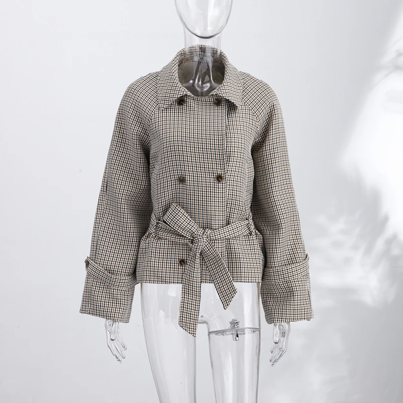 Chic Grid Belt Women's Coat Double Breasted Lapel Lace-Up Long Sleeve Lady Coats 2026 Autumn Fashion Female Vintage Jacket Lady