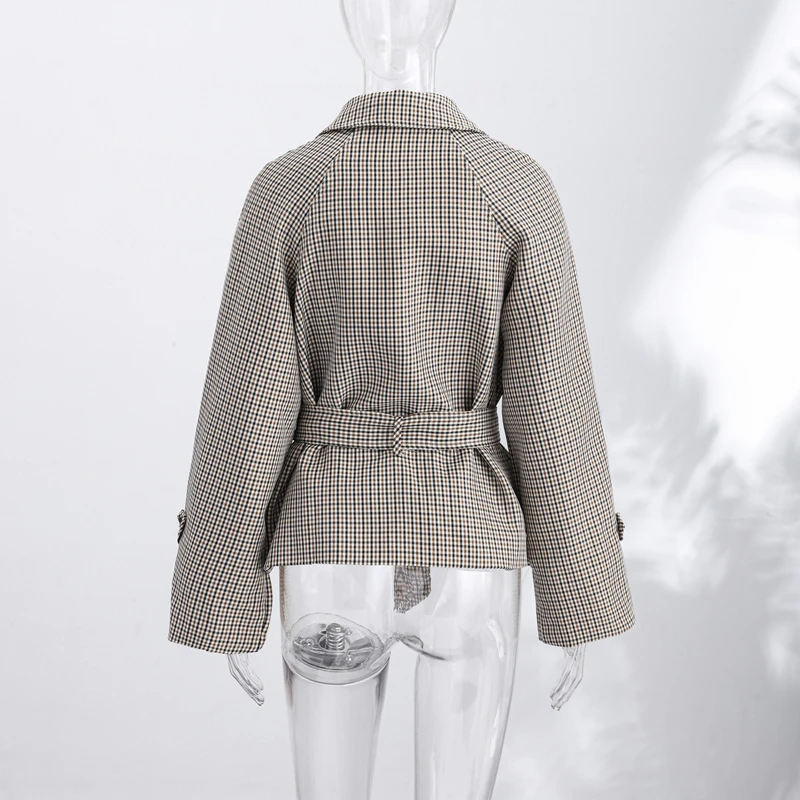 Chic Grid Belt Women's Coat Double Breasted Lapel Lace-Up Long Sleeve Lady Coats 2026 Autumn Fashion Female Vintage Jacket Lady