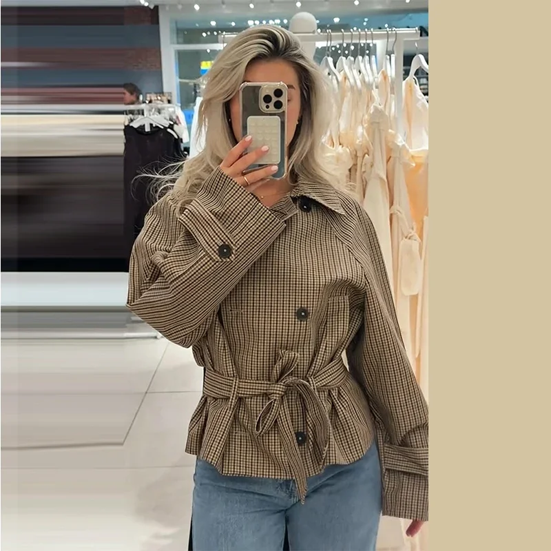 Chic Grid Belt Women's Coat Double Breasted Lapel Lace-Up Long Sleeve Lady Coats 2026 Autumn Fashion Female Vintage Jacket Lady