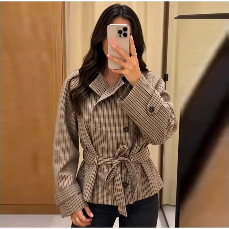 Chic Grid Belt Women's Coat Double Breasted Lapel Lace-Up Long Sleeve Lady Coats 2026 Autumn Fashion Female Vintage Jacket Lady