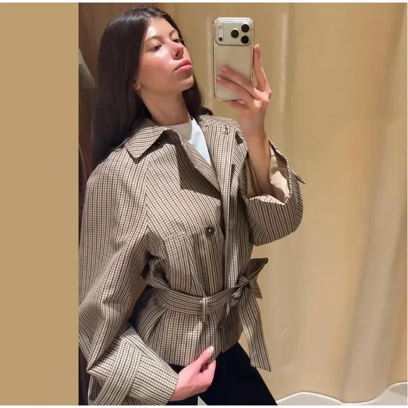 Chic Grid Belt Women's Coat Double Breasted Lapel Lace-Up Long Sleeve Lady Coats 2026 Autumn Fashion Female Vintage Jacket Lady