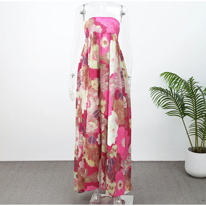 Women Fashion Printed Strapless Maxi Dress Elegant Off Shoulder Backless Sleeveless High Waist Gown Summer New Lady Party Robes