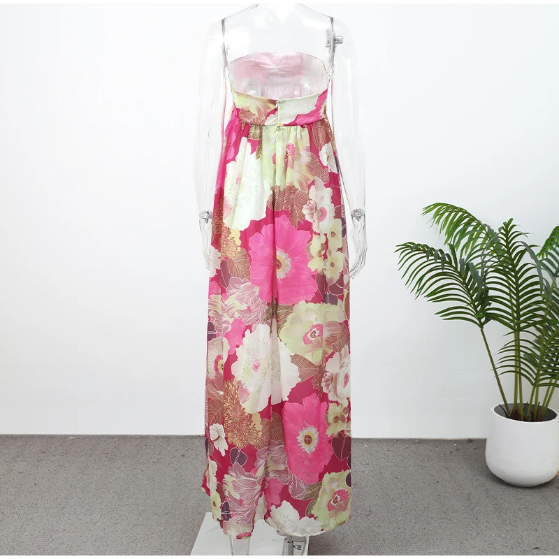 Women Fashion Printed Strapless Maxi Dress Elegant Off Shoulder Backless Sleeveless High Waist Gown Summer New Lady Party Robes
