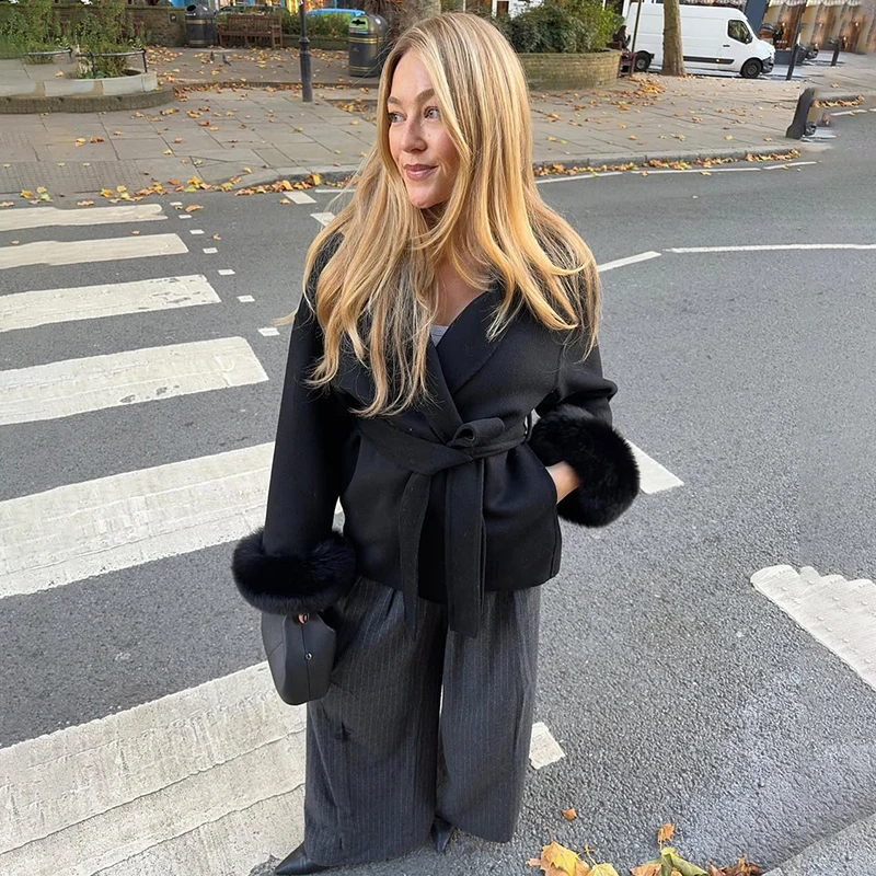 TARUXY Fox Fur Woolen Coats Women's Short Coat Office Lady Removable Elegant Double-sided Wool Overcoat 2025 New Cardigan Jacket