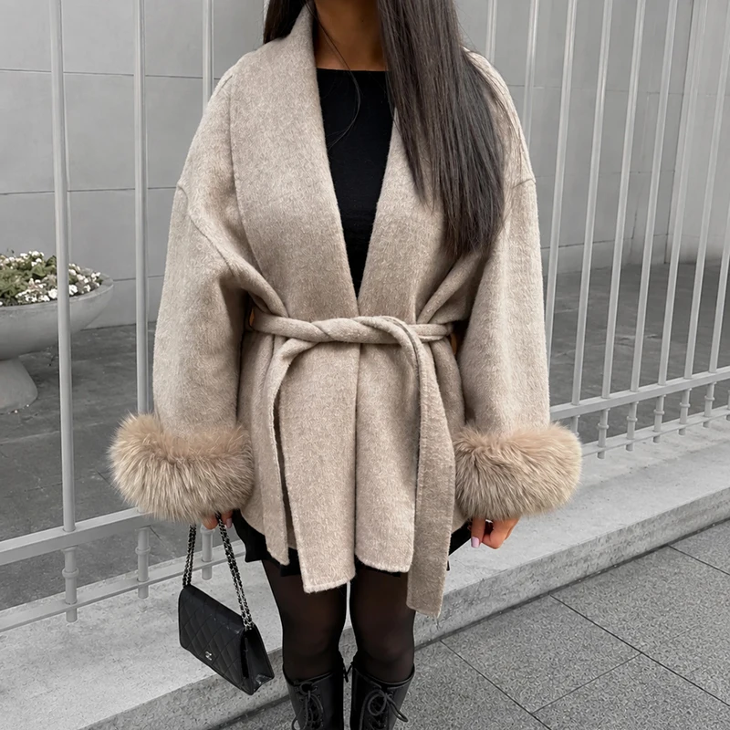 TARUXY Fox Fur Woolen Coats Women's Short Coat Office Lady Removable Elegant Double-sided Wool Overcoat 2025 New Cardigan Jacket