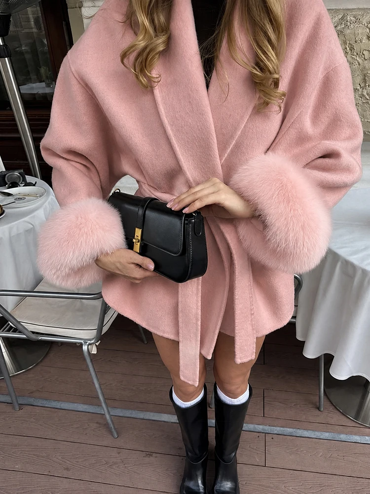 TARUXY Fox Fur Woolen Coats Women's Short Coat Office Lady Removable Elegant Double-sided Wool Overcoat 2025 New Cardigan Jacket