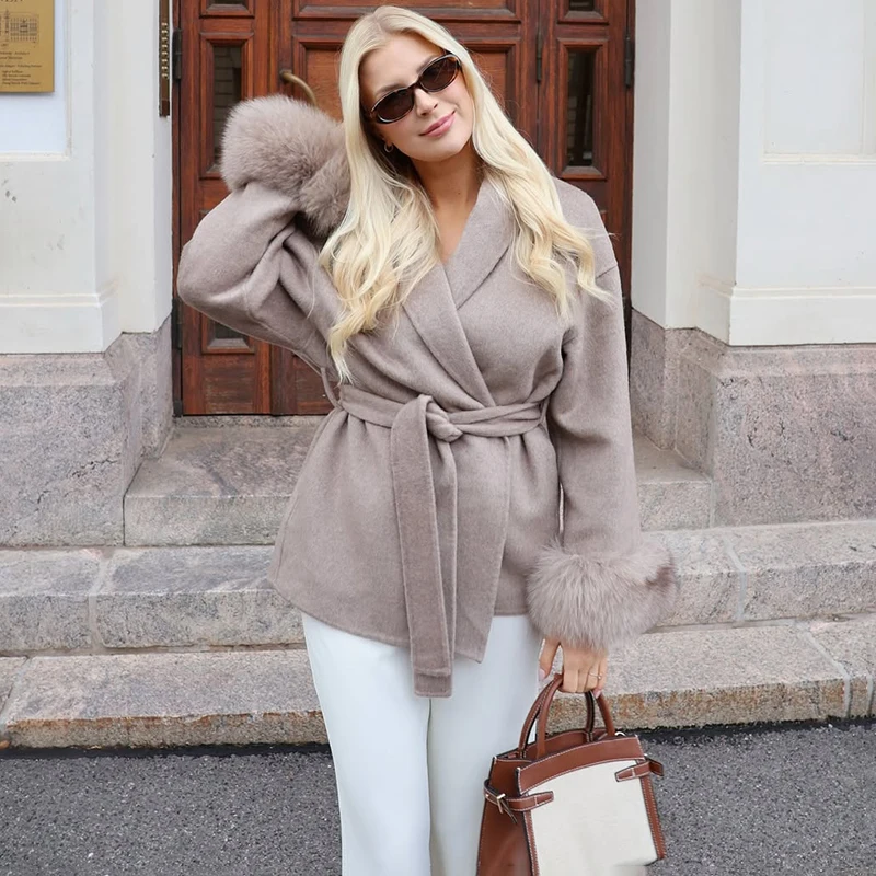 TARUXY Fox Fur Woolen Coats Women's Short Coat Office Lady Removable Elegant Double-sided Wool Overcoat 2025 New Cardigan Jacket