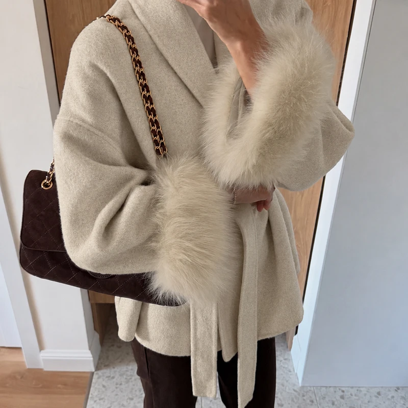 TARUXY Fox Fur Woolen Coats Women's Short Coat Office Lady Removable Elegant Double-sided Wool Overcoat 2025 New Cardigan Jacket