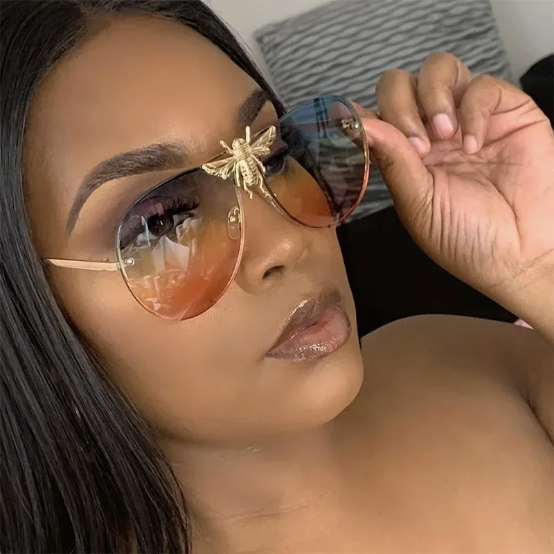 New Luxury Brand Designer Oversized Pilot Big Bee Sunglasses Women For Men Popular Vintage Sun Glasses Punk Metal Eyewear UV400