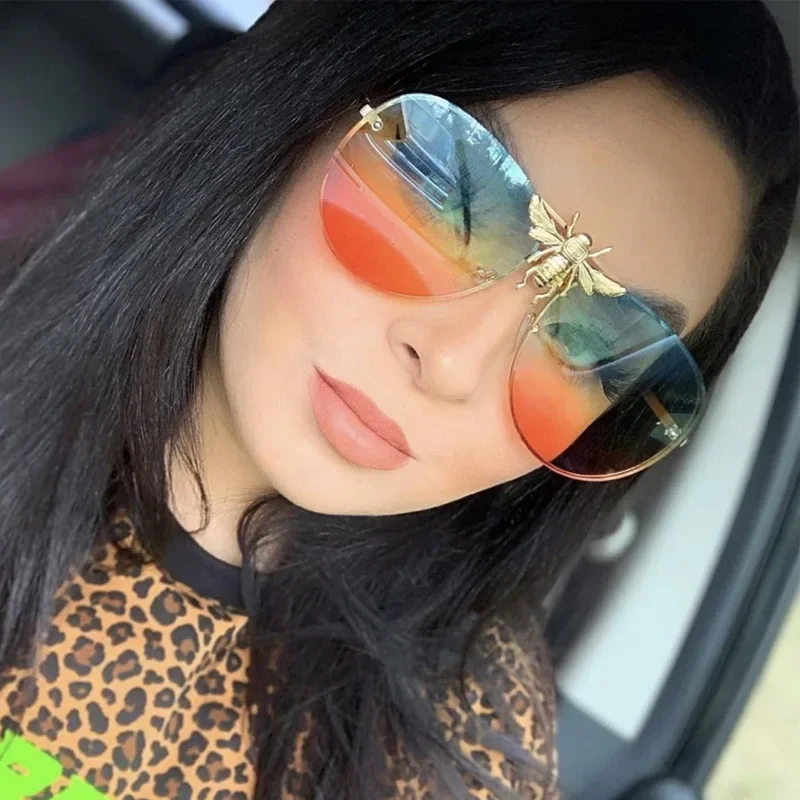 New Luxury Brand Designer Oversized Pilot Big Bee Sunglasses Women For Men Popular Vintage Sun Glasses Punk Metal Eyewear UV400