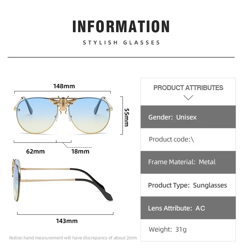 New Luxury Brand Designer Oversized Pilot Big Bee Sunglasses Women For Men Popular Vintage Sun Glasses Punk Metal Eyewear UV400