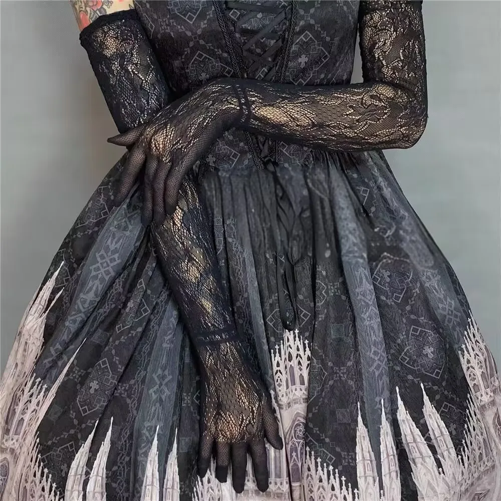 Women Sexy Party Stage Performance Cosplay JK Lolita Style Hollow Out Fishing Net Lace Floral High Elasticity Long Gloves