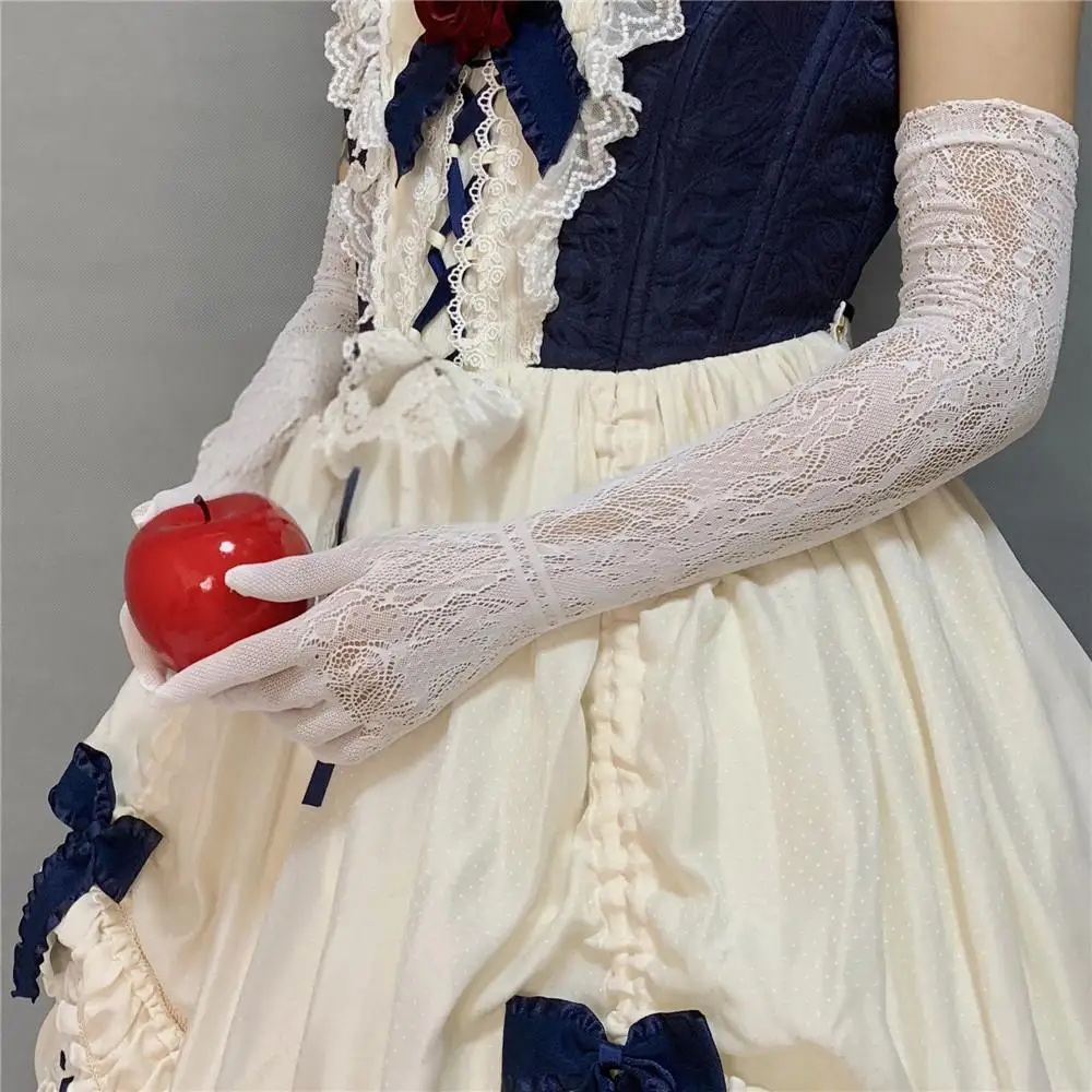 Women Sexy Party Stage Performance Cosplay JK Lolita Style Hollow Out Fishing Net Lace Floral High Elasticity Long Gloves