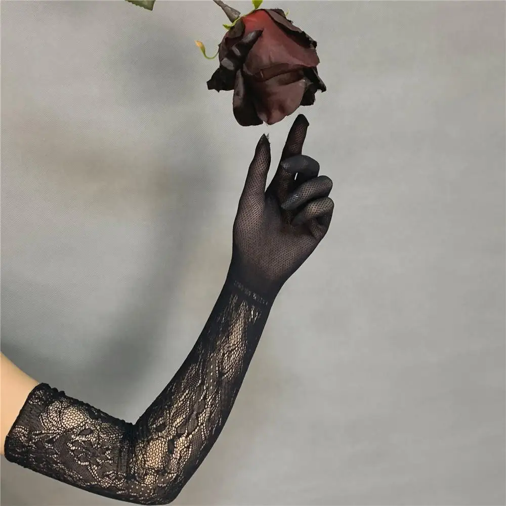 Women Sexy Party Stage Performance Cosplay JK Lolita Style Hollow Out Fishing Net Lace Floral High Elasticity Long Gloves