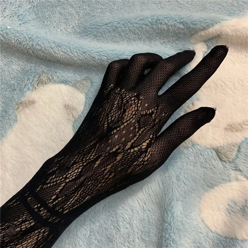 Women Sexy Party Stage Performance Cosplay JK Lolita Style Hollow Out Fishing Net Lace Floral High Elasticity Long Gloves