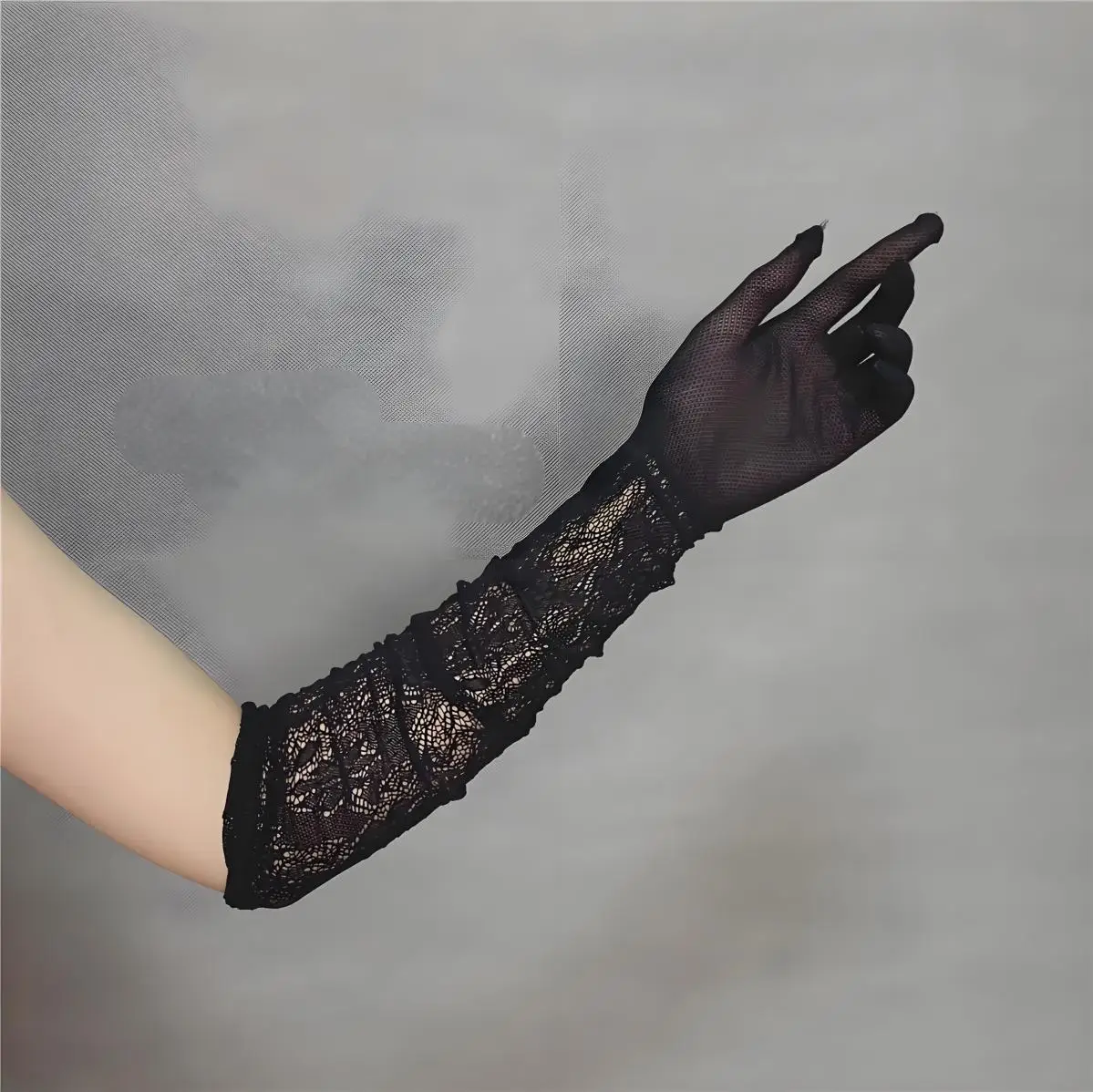 Women Sexy Party Stage Performance Cosplay JK Lolita Style Hollow Out Fishing Net Lace Floral High Elasticity Long Gloves