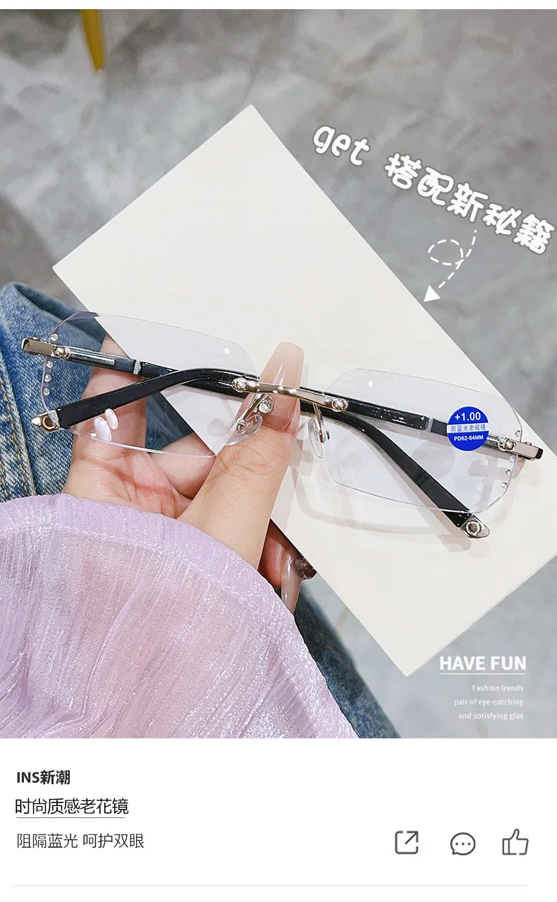 Luxury Diamond Cutting Reading Glasses Men Business Rimless Eyeglasses Women Color Changing Presbyopia Eyewear