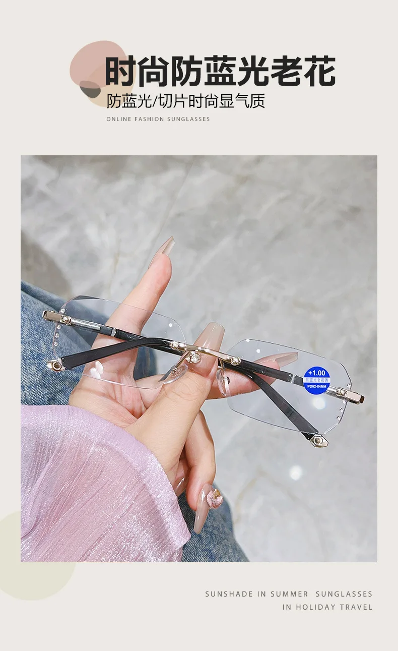 Luxury Diamond Cutting Reading Glasses Men Business Rimless Eyeglasses Women Color Changing Presbyopia Eyewear