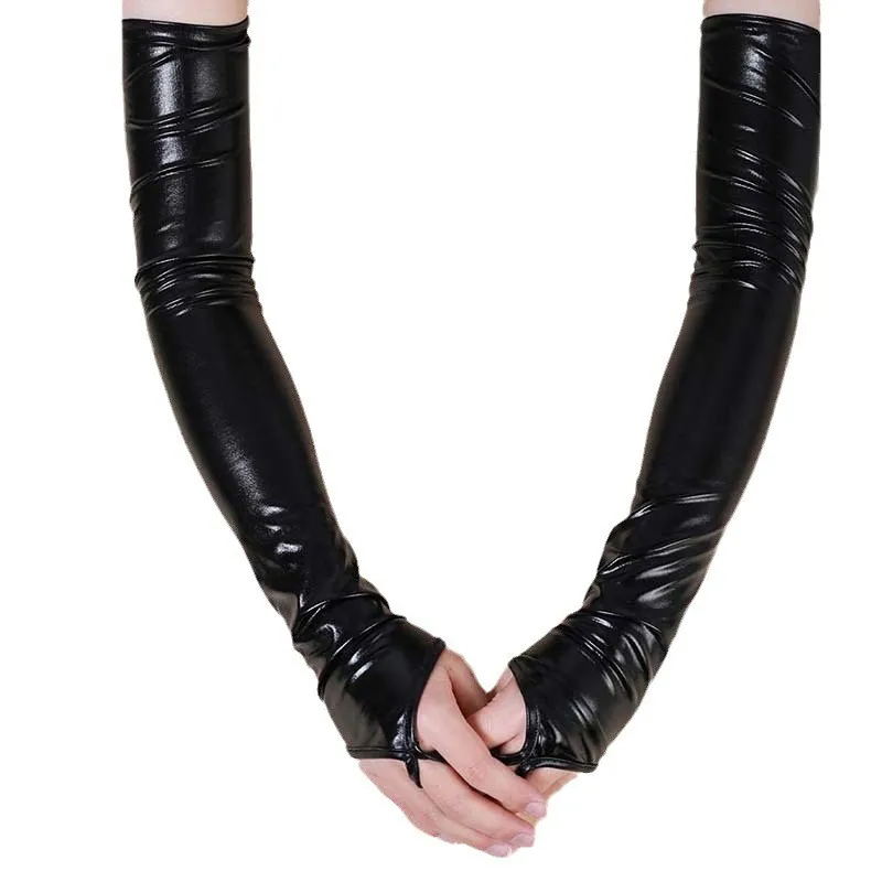 48cm Black Fingerless Lacquer Leather Hook Finger Long Gloves Women Sexy Cosplay Stage Performance Nightclub Pole Dance Mittens