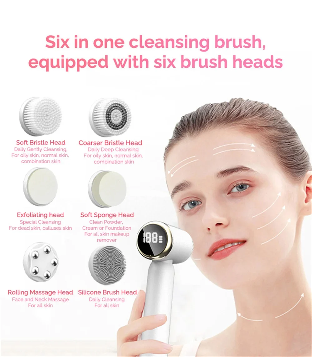 6 In 1 Electric Cleansing Brush Ultrasonic Facial Cleaner Rotating Cleansing Face Deep Cleansing Exfoliation & Gentle Skincare