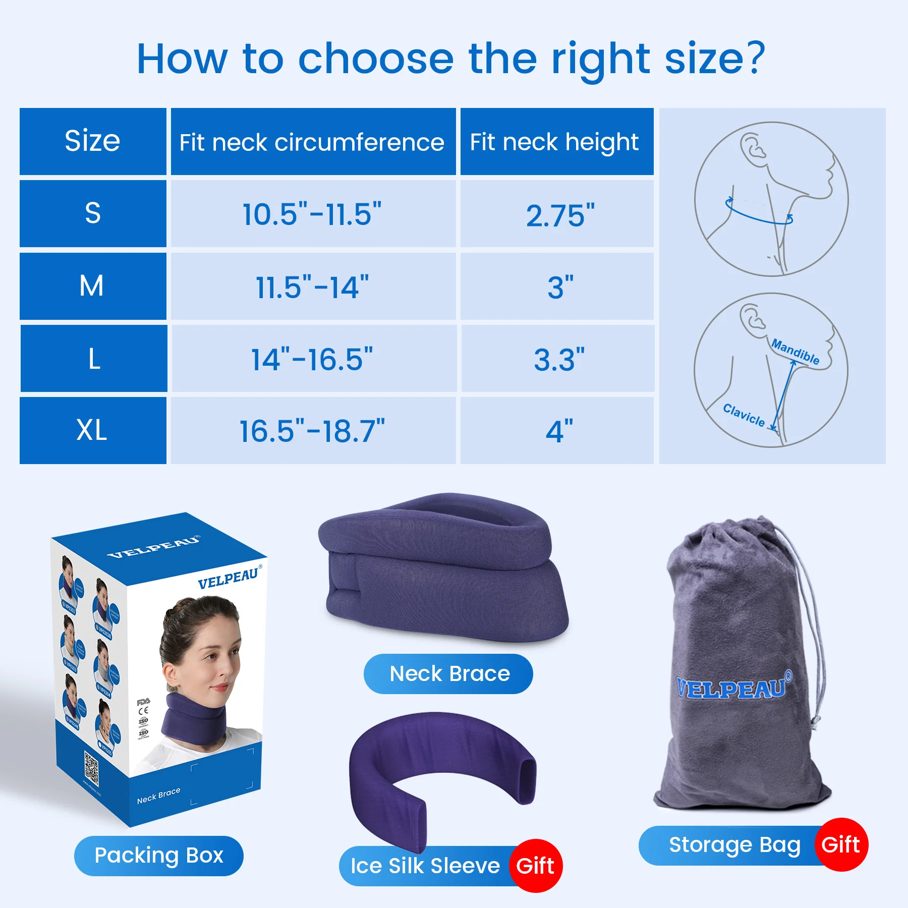 VELPEAU Neck Brace for Neck Support, Pain Relief and Spine Pressure, Adjustable Foam Cervical Collar for Snoozing Sleep Apnea