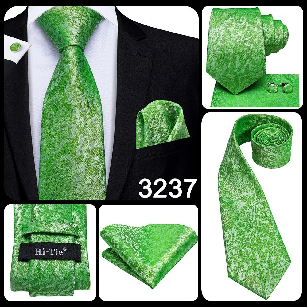 Hi-Tie Men Tie Grass Green Ties Floral Necktie Boutonniere Handkerchief Cufflinks Set Wedding Cravat for Groom 8.5 cm