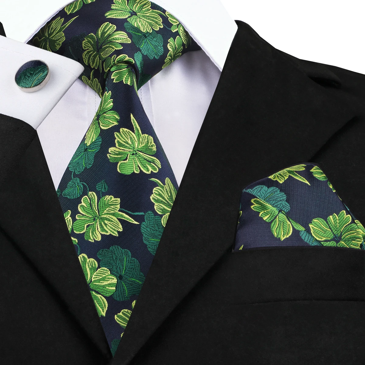 Hi-Tie Men Tie Grass Green Ties Floral Necktie Boutonniere Handkerchief Cufflinks Set Wedding Cravat for Groom 8.5 cm