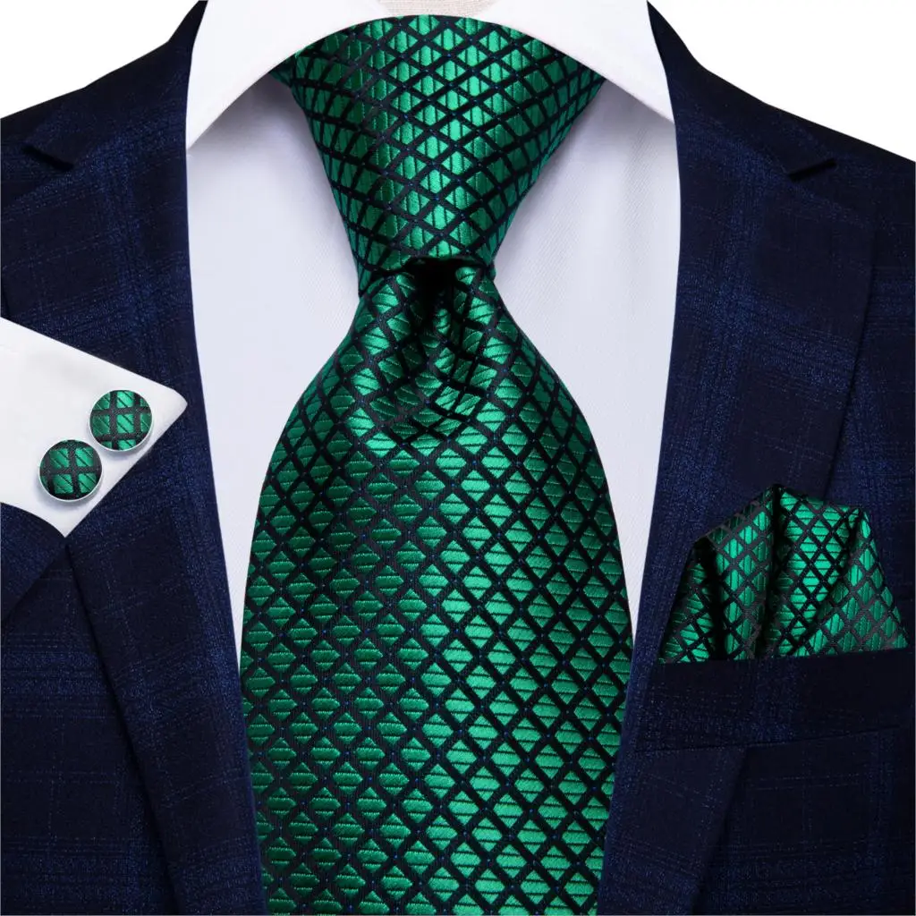 Hi-Tie Men Tie Grass Green Ties Floral Necktie Boutonniere Handkerchief Cufflinks Set Wedding Cravat for Groom 8.5 cm