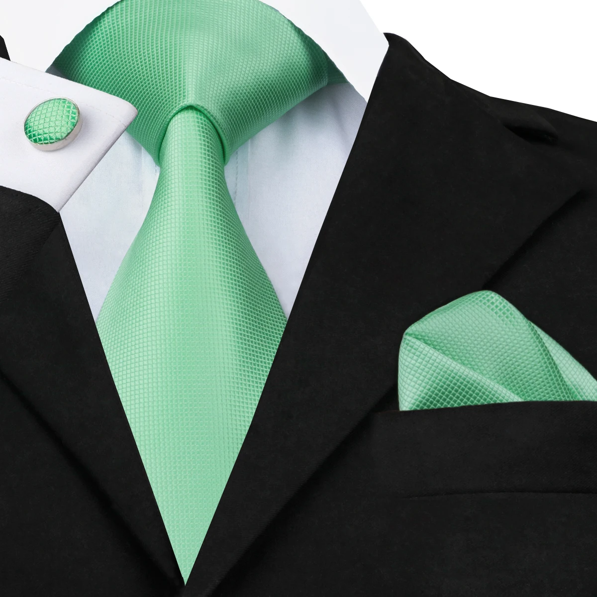 Hi-Tie Men Tie Grass Green Ties Floral Necktie Boutonniere Handkerchief Cufflinks Set Wedding Cravat for Groom 8.5 cm