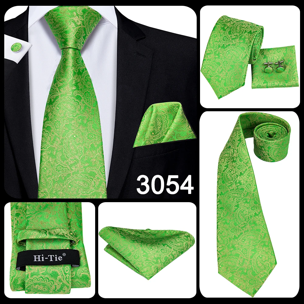 Hi-Tie Men Tie Grass Green Ties Floral Necktie Boutonniere Handkerchief Cufflinks Set Wedding Cravat for Groom 8.5 cm