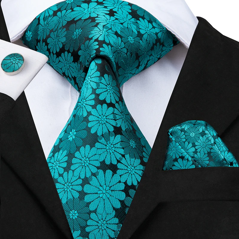 Hi-Tie Men Tie Grass Green Ties Floral Necktie Boutonniere Handkerchief Cufflinks Set Wedding Cravat for Groom 8.5 cm