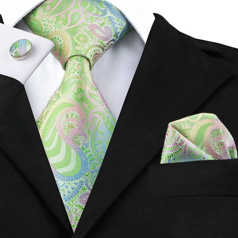 Hi-Tie Men Tie Grass Green Ties Floral Necktie Boutonniere Handkerchief Cufflinks Set Wedding Cravat for Groom 8.5 cm
