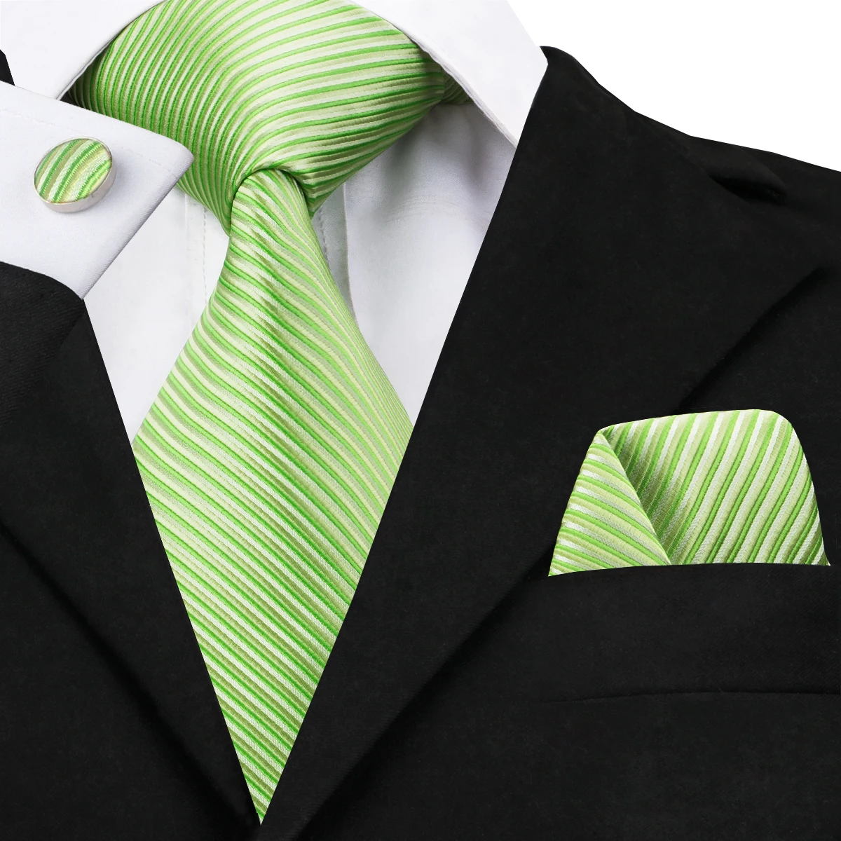 Hi-Tie Men Tie Grass Green Ties Floral Necktie Boutonniere Handkerchief Cufflinks Set Wedding Cravat for Groom 8.5 cm