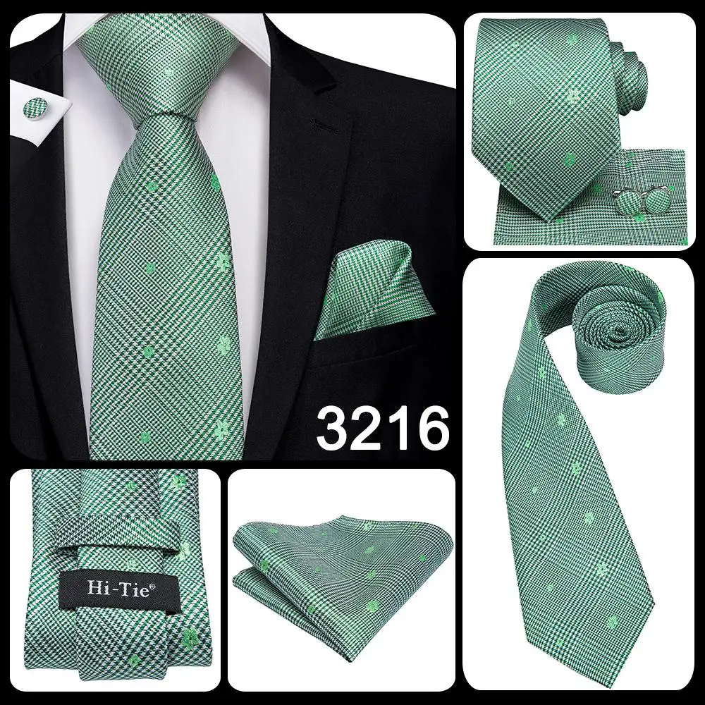Hi-Tie Men Tie Grass Green Ties Floral Necktie Boutonniere Handkerchief Cufflinks Set Wedding Cravat for Groom 8.5 cm
