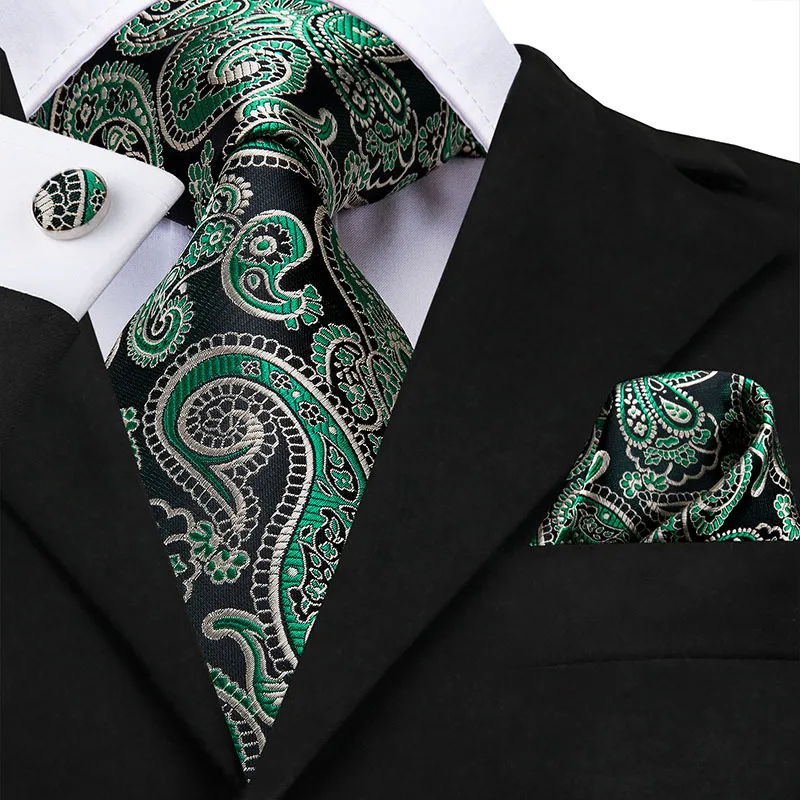 Hi-Tie Men Tie Grass Green Ties Floral Necktie Boutonniere Handkerchief Cufflinks Set Wedding Cravat for Groom 8.5 cm